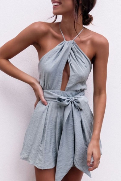 Halter Neck Open Back Bow Waist Sexy Hollow Out Plain Rompers