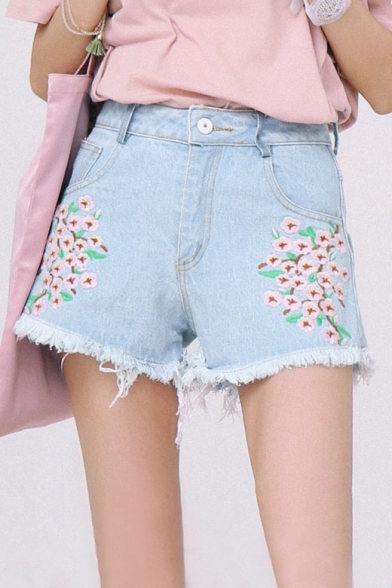 High Rise Floral Embroidered Fringe Trim Leisure Hot Pants Denim Shorts