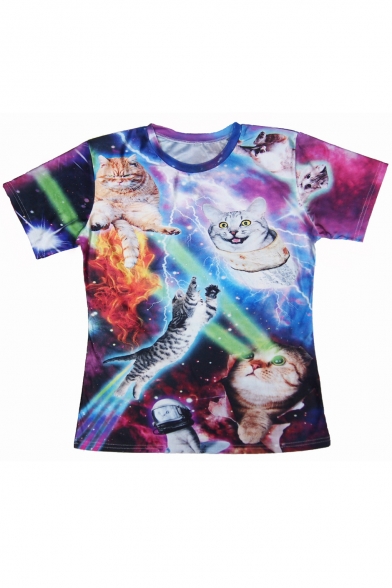 Hot Fashion Lightning Cat Printed Round Neck Short Sleeve Loose T-Shirt