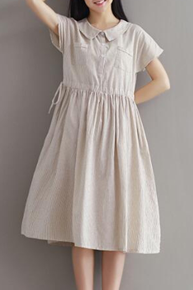Lapel Short Sleeve Striped Drawstring Waist Midi Shirt Dress
