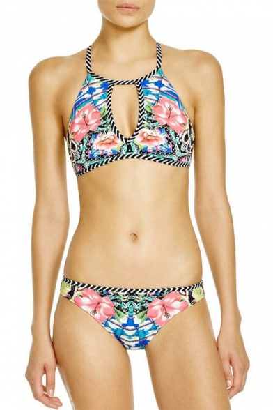 New Arrival Fashion Floral Printed Halter Neck Bikini Swimwear