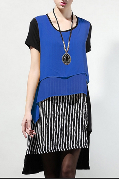 New Stylish Short Sleeve Round Neck Striped Color Block Patchwork Asymmetric Dress