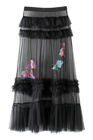 Sheer Sequined Embroidery Multi-Layered Maxi A-Line Skirt