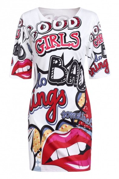 Summer's Sexy Lip Letter Printed Round Neck Short Sleeve Mini T-Shirt Dress
