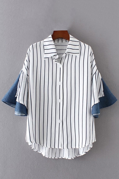 Vertical Striped Denim Patchwork Bell 3/4 Length Sleeve Single Breasted Lapel Shirt