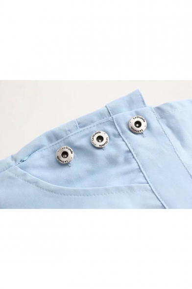 Basic Simple Plain Buttons Down Side Casual Overalls with Pockets