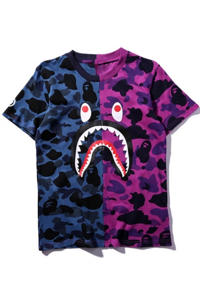 Camouflage Cartoon Printed Short Sleeve Round Neck Pullover T-Shirt