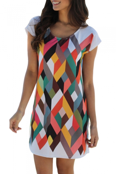 Color Block Geometric Printed Round Neck Short Sleeve Mini T-Shirt Dress