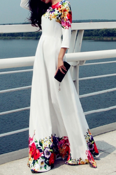 Elegant Floral Printed 3/4 Length Sleeve Maxi A-Line Dress
