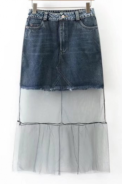 Fashion Mesh Patchwork Plain Maxi Denim Skirt
