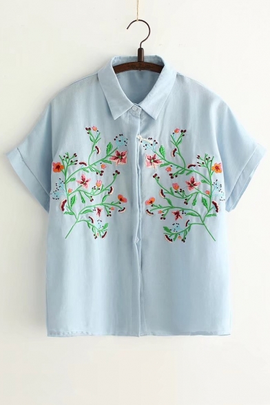 Floral Embroidered Lapel Collar Short Sleeve Leisure Buttons Down Shirt