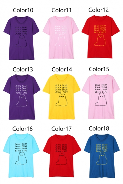 Lovely Cat Letter Printed Short Sleeve Round Neck Pullover Cotton Tee