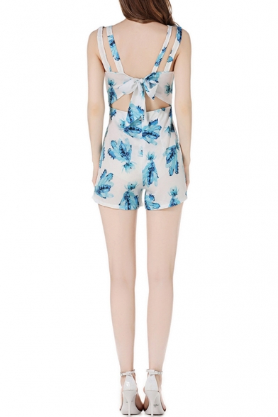 New Arrival Floral Printed Bow Back Plunge Neck Fashion Beach Rompers