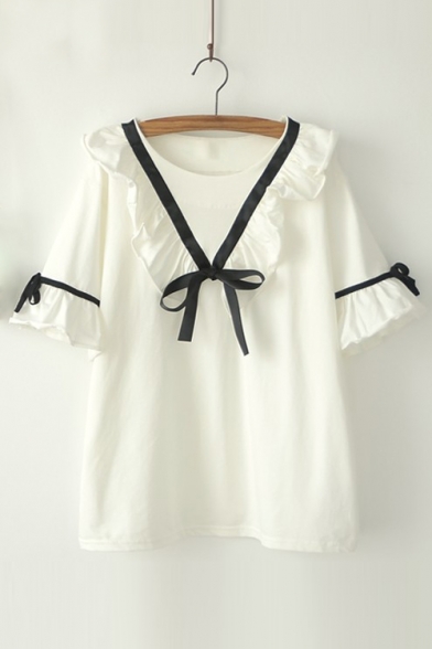Ruffle Hem Bow Tie Round Neck Short Sleeve Loose Leisure Pullover Blouse