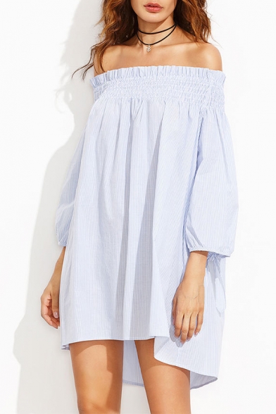 Sexy Off the Shoulder Striped 3/4 Length Sleeve Mini Swing Dress