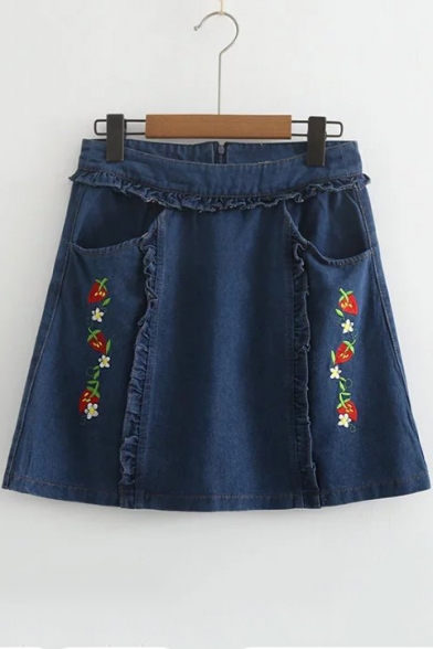 Strawberry Embroidered Petal Hem Zip Back Mini A-Line Denim Skirt
