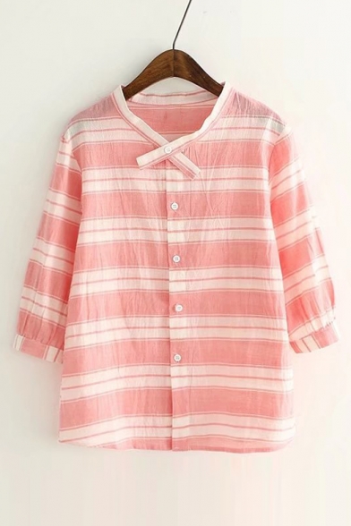 Striped Printed 3/4 Sleeve Leisure Casual Buttons Down Shirt