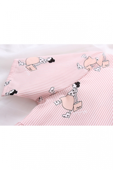 Summer Cartoon Printed Striped Short Sleeve Round Neck Mini Smock Dress