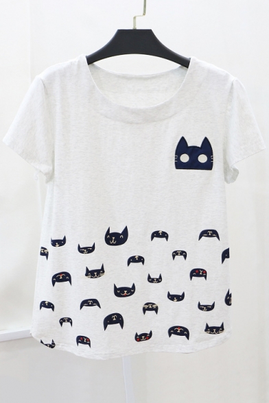 Cartoon Cat Pattern Short Sleeve Round Neck Pullover Loose Leisure T-Shirt