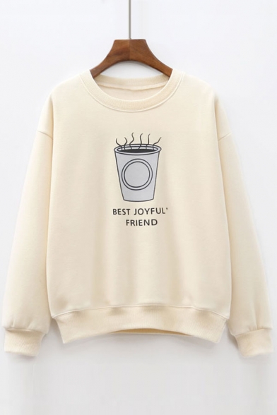 Casual Leisure Cup Letter Printed Round Neck Long Sleeve Pullover Sweatshirt