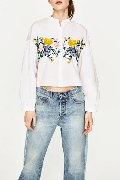 Chic Embroidery Floral Pattern Lantern Long Sleeve Single Breasted Shirt
