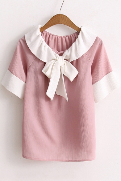 Color Block Short Sleeve Bow Collar Loose Leisure Pullover Blouse