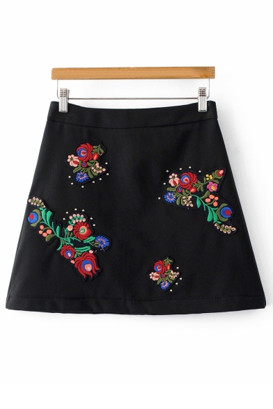 Embroidery Floral Pattern Zip Back Mini A-Line Skirt