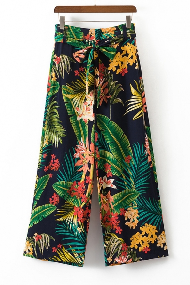 Foliage Printed Bow Tie Waist Wide Legs Leisure Holiday Pants