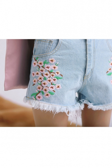 High Rise Floral Embroidered Fringe Trim Leisure Hot Pants Denim Shorts