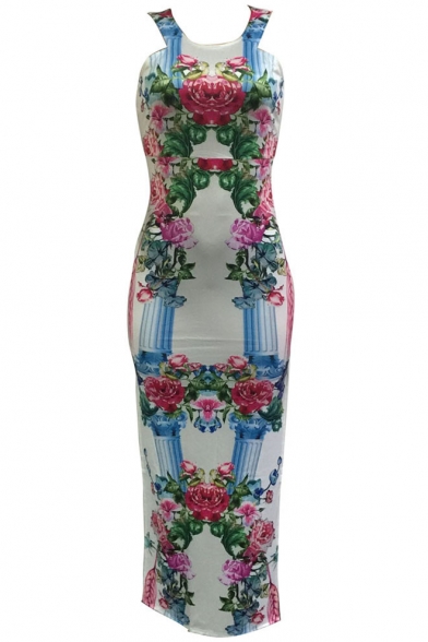 round neck colouring floral printed bodycon dress