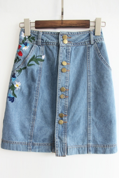 Single Breasted Floral Embroidered A-Line Bodycon Mini Denim Skirt