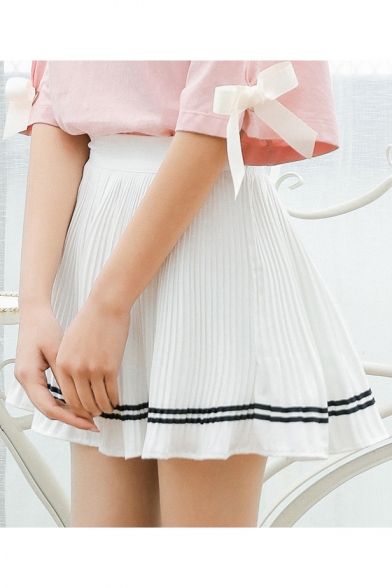 Summer's Elastic Waist Contrast Striped Printed A-Line Mini Pleated Skirt