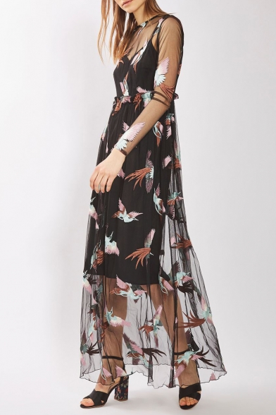Two Pieces Plain Midi Cami with Sheer Mesh Embroidery Phoenix Long Sleeve Maxi Dress