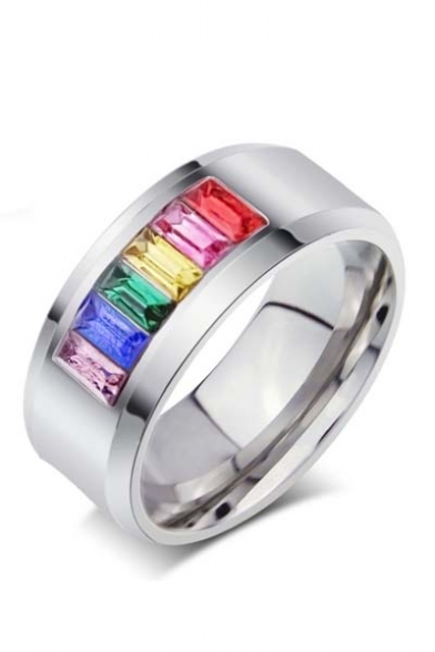 Unisex Fashion Square Colorful Insert Crystal Titanium Steel Ring