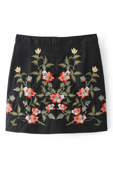 Women's Embroidery Floral Pattern Zip Back Mini Skirt