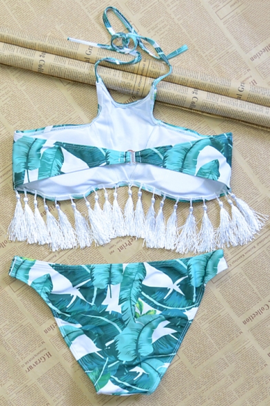 Women's Halter Tassel Color Block Printed Bikinis