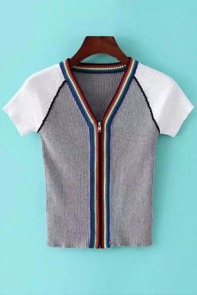 Zipper Placket V-Neck Contrast Raglan Short Sleeve Striped Color Block Knitted Top