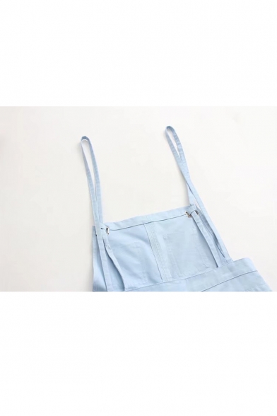 Basic Simple Plain Buttons Down Side Casual Overalls with Pockets