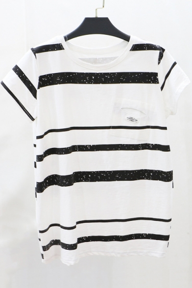 Basic Simple Striped Printed Round Neck Short Sleeve Casual Tee