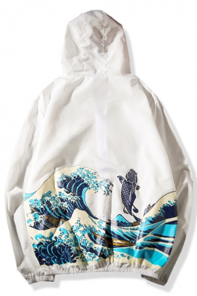 Chinese Style Carp Wave Printed Long Sleeve Hooded Fashion Sun Protection Coat