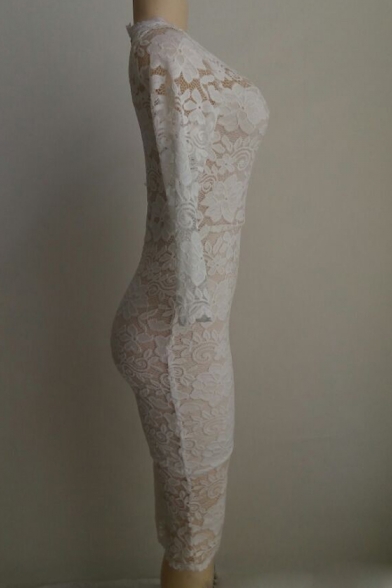 Elegant 3/4 Length Sleeve Round Neck Floral Plain Lace Midi Pencil Dress