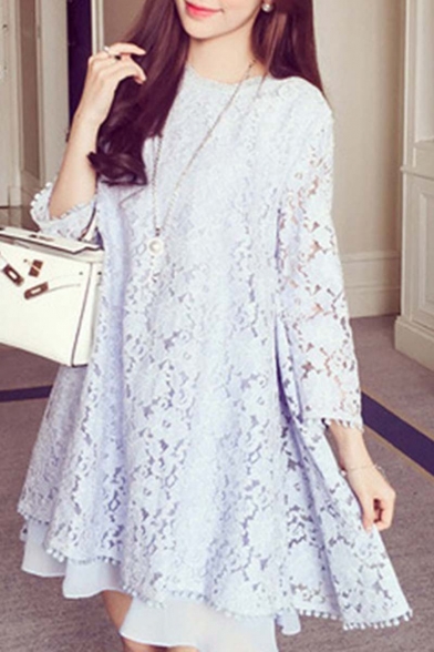Elegant Long Sleeve Round Neck Plain Lace Mini Swing Dress