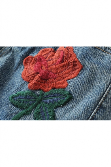 Embroidery Floral Pattern Fringe Hem High Waist Denim Shorts