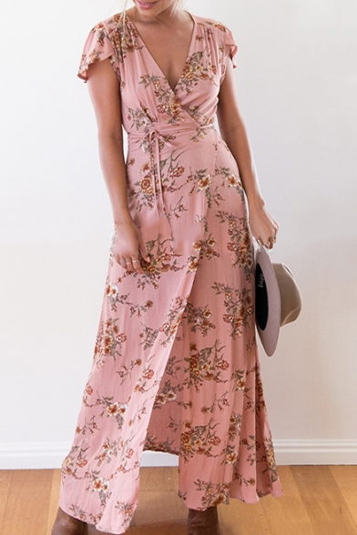 Floral Printed Wrap Plunge Neck Cap Sleeve Split Front Maxi A-Line Dress
