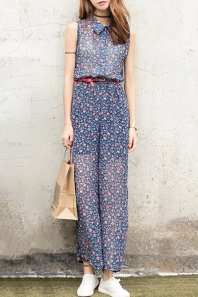 Leisure Sleeveless Lapel Single Breasted Floral Printed Wide Leg Jumpsuit with Belt