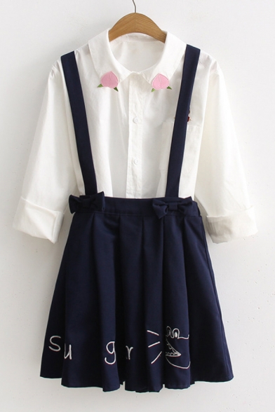 Letter Cartoon Embroidered Bow Waist A-Line Mini Pleated Overall Skirt