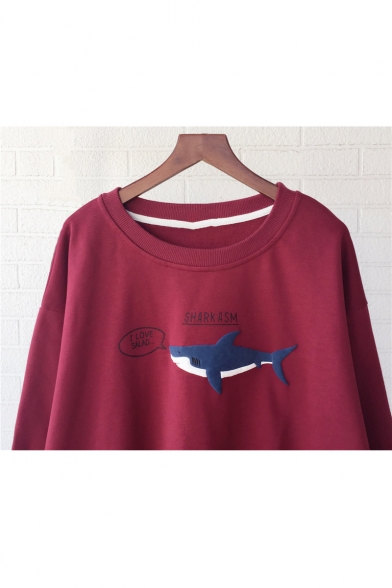 Loose Shark Letter Pattern Long Sleeve Round Neck Pullover Sweatshirt