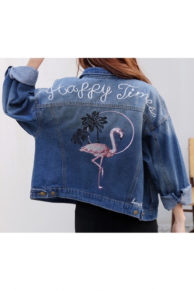 New Arrival Flamingo Letter Embroidered Back Lapel Collar Long Sleeve Denim Jacket