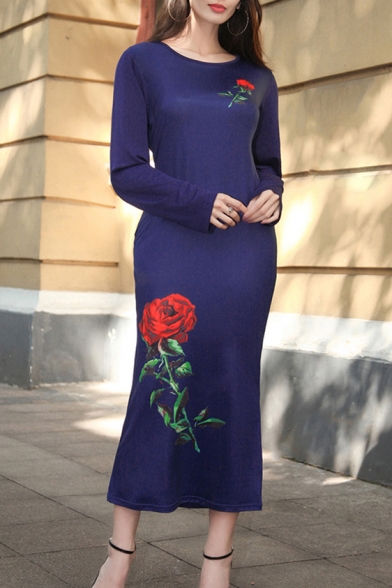 New Arrival Rose Pattern Round Neck Long Sleeve Oversize Maxi Bodycon Dress