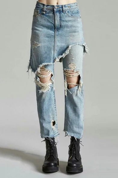 New Stylish Ripped Broken Plain False Two Pieces Jeans